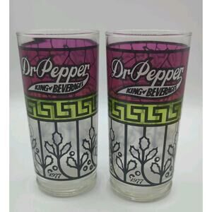 Vintage 1977 Dr Pepper King of Beverages Stained Glass Tumblers Cup Set of 2